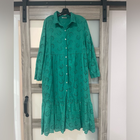 Laura Bianchi Dresses & Skirts - Green Pleated Long Sleeve Sundress with Bishop Sleeves